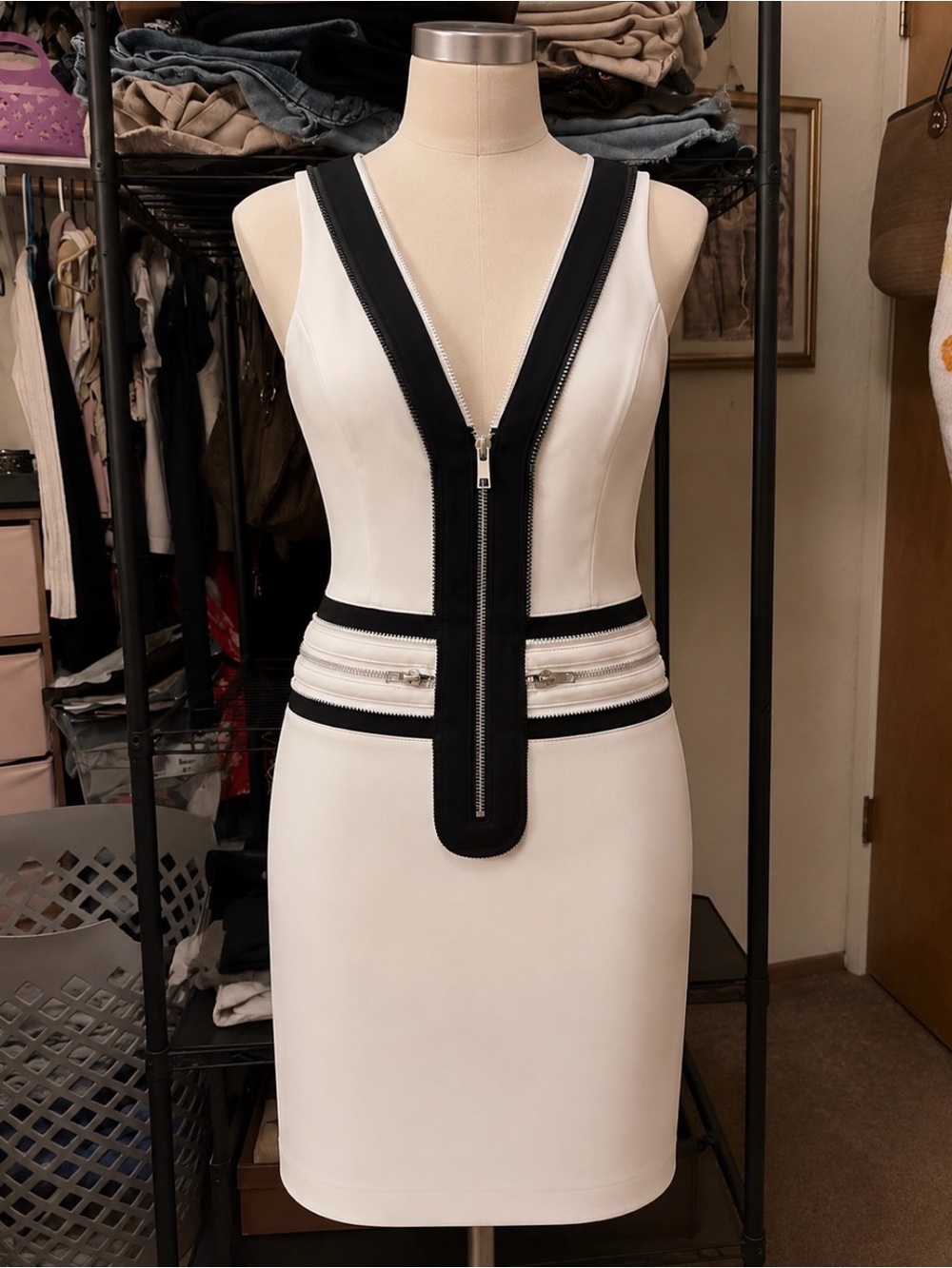 bebe White and Black Zip-Front Mini Sheath Dress